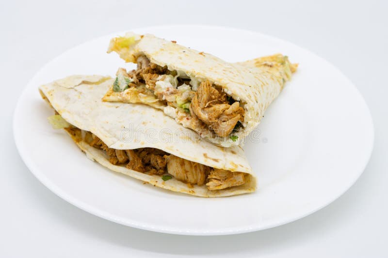 Two Chicken Quesadillas on a White Plate Stock Image Image of