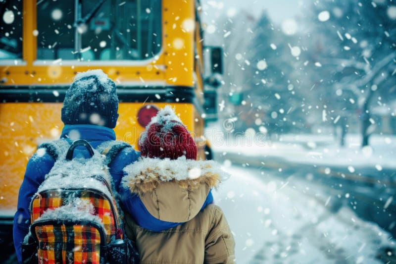 Two children waiting for school bus during snowfall