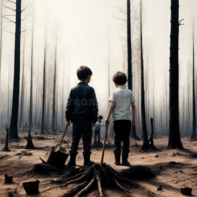 Two Children in Burned Forest Holding Tools Stock Illustration