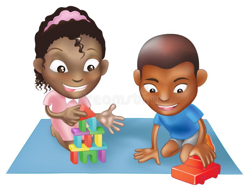 An illustration of two black ethnic chidlren playing with toys on a play mat. Children playing garden vectors