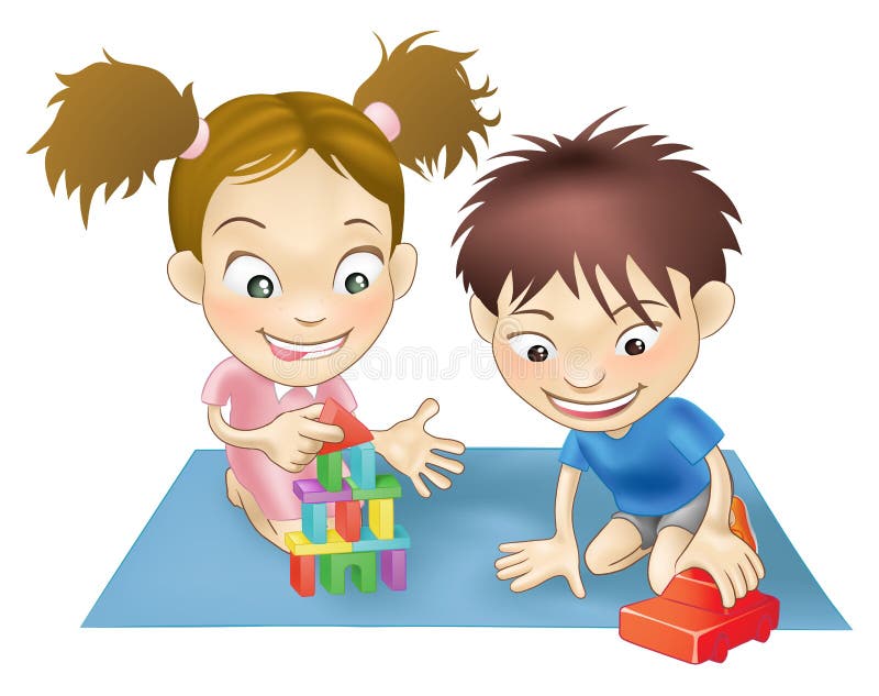 An illustration of two white children playing with toys. Children playing garden vectors