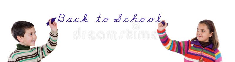 Two children writing back to school on a over white background