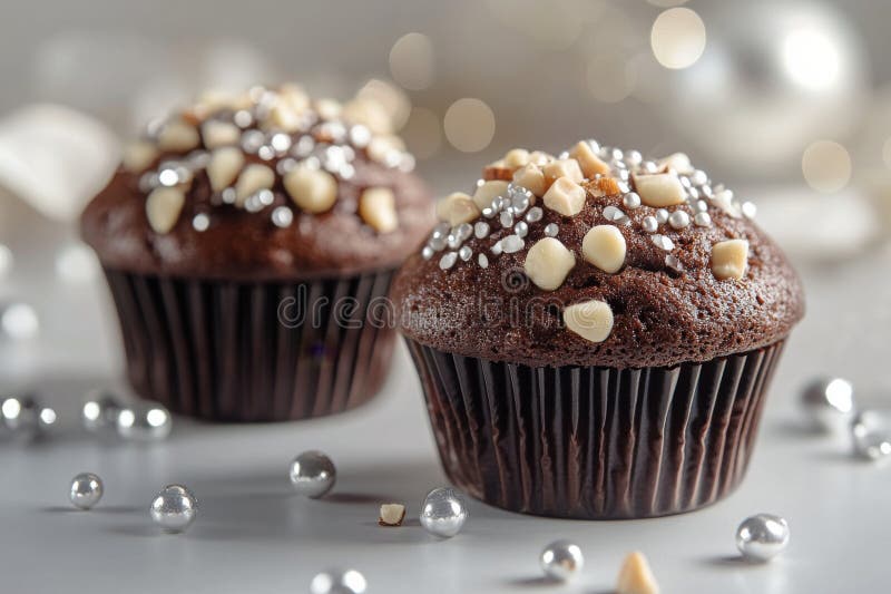Delicious chocolate cupcakes topped with crunchy nuts and decorative pearls on a light surface. Two chocolate cupcakes with shiny frosting and a topping of chopped nuts are displayed on a light colored surface. Decorative edible pearls scatter around them, adding AI generated