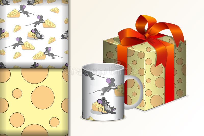 Two christmas seamless patterns, Gift and mug and mock up Mouse and cheese Concept for design of fabric and paper for printing