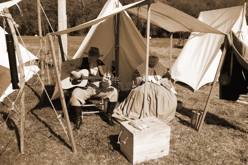 Buchanan, VA - April 26; Two Civil War reenactors at an encampment at the Buchanan Civil War History Weekend on April 26, 2014, Buchanan, Virginia, USA.