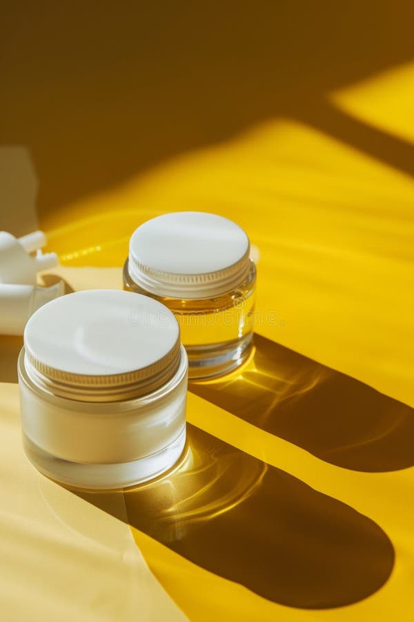 Two clear jars of cream placed on a bright yellow surface casting shadows in natural sunlight royalty free stock images