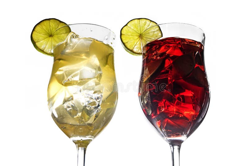 Two Cocktail Glasses, Yellow and Red Mixed Drinks from Juice, Li Stock