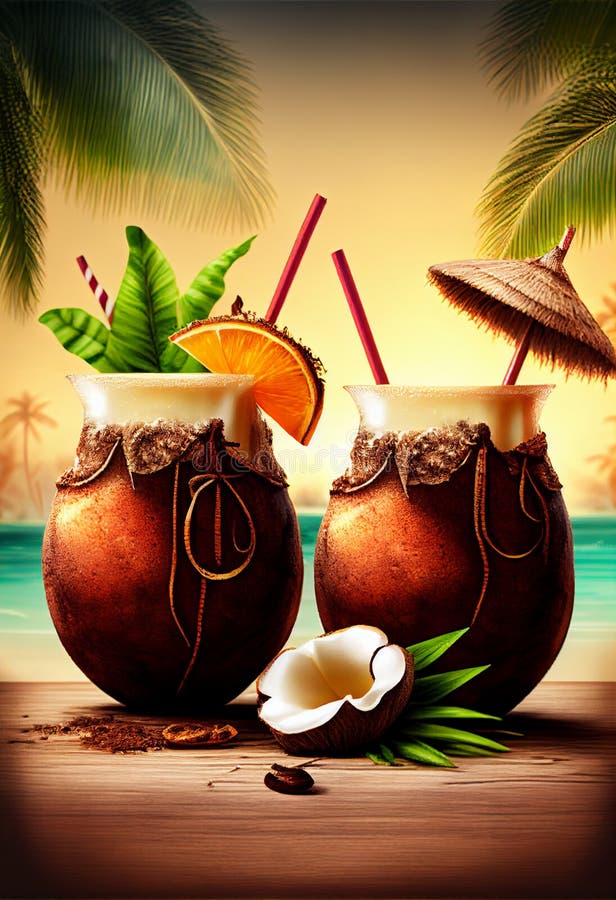 Two Cocktails in Coconuts on a Tropical Beach. AI Generated. Stock