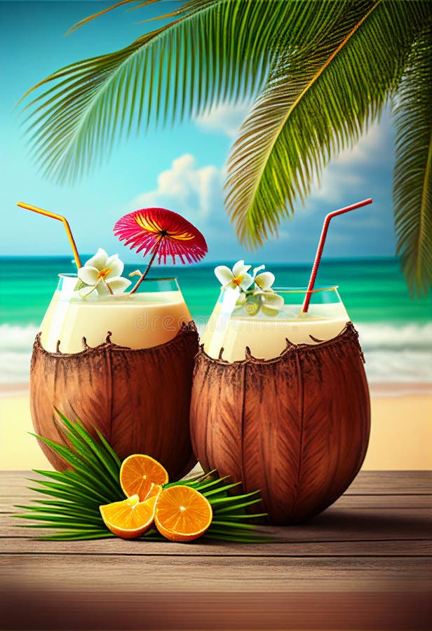 Two Cocktails in Coconuts on a Tropical Beach. AI Generated. Stock