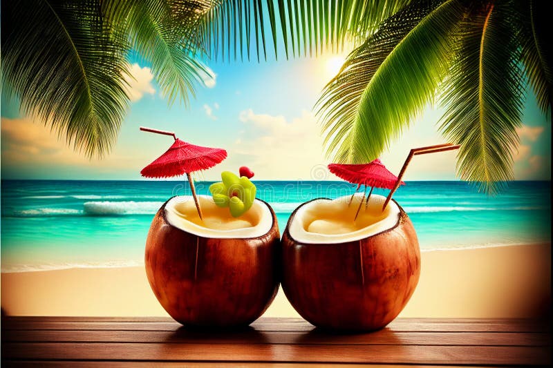 Two Cocktails in Coconuts on a Tropical Beach. AI Generated. Stock Illustration Illustration
