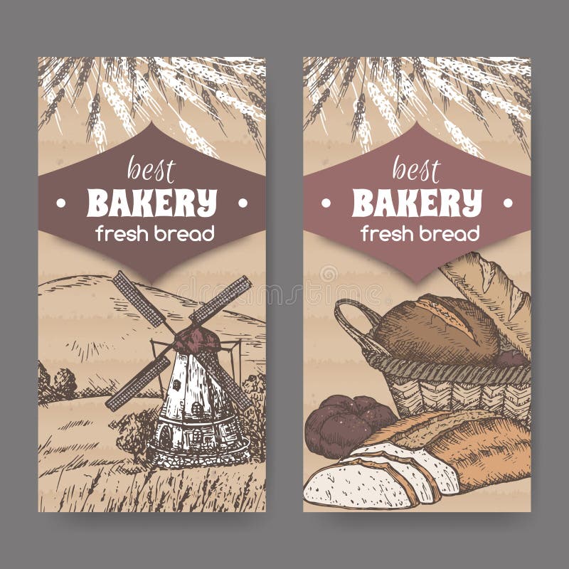 Two color bakery labels with windmill, wheat, bread on cardboard.