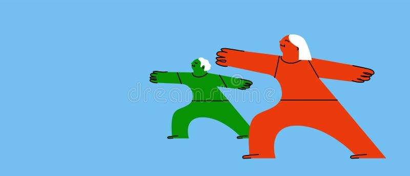 Two colorful drawn characters with positive facial expressions practicing yoga, doing exercises again blue background royalty free illustration