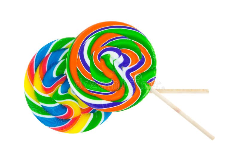 Two very colorful lollypops with wood stick handles on a white background s...