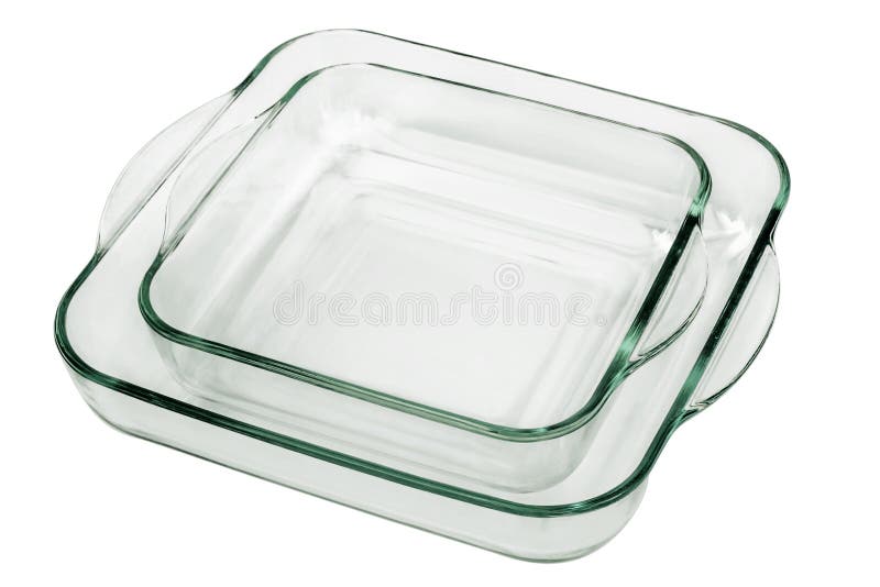 Two Compatible Rounded Square Glass Baking Pans with Curved Handles Isolated on White Background