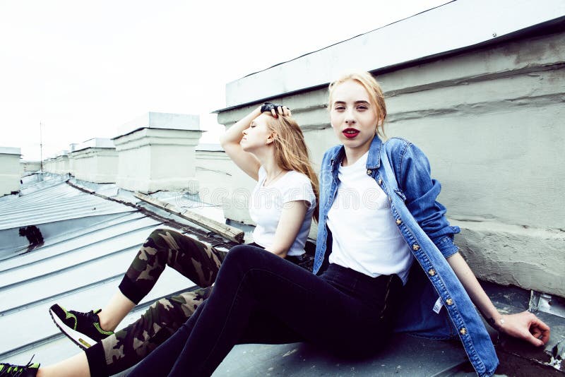 Two Cool Blond Real Girls Friends Making Selfie on Roof Top, Lif Stock ...