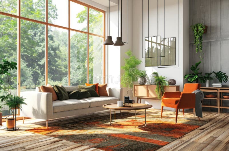 Two Couch, Rug, Table, and Chairs in a Living Room Stock Photo Image