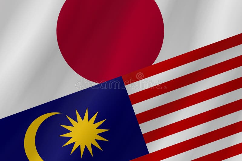 Japan Vs Malaysia, Malaysian Smoky Mystic Flags Placed Side by Side. Thick Colored Silky Smokes