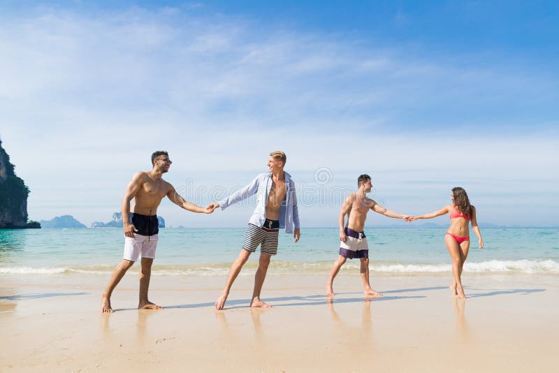 Two Couple On Beach Summer Vacation, Young People In Love Walking, Man Woman Holding Hands Sea Ocean