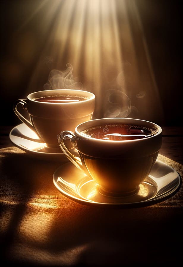 Two Cups of Aromatic Coffee Stand on the Table and a Ray of Sunshine