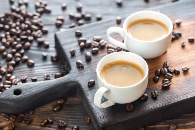 Two Cups of Coffee with Coffee Beans Stock Image Image of beans, cafe