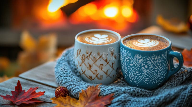Two cups of coffee sitting on a table with autumn leaves, AI stock images