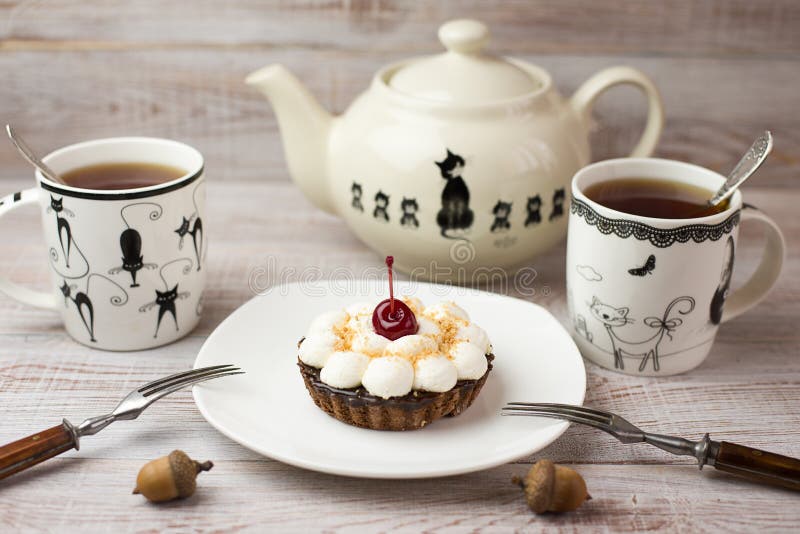 Two Cups of Tea and Cake on the Table Stock Image Image of fork