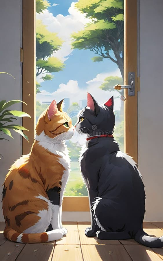 Two cute anime-style cats stock illustration. Illustration of flower ...