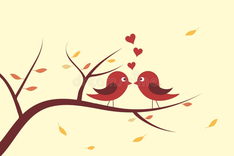 Cute bird in love on autumn day kissing on branches with dry and fallen leaves