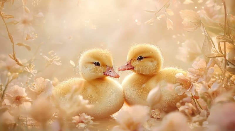 Two cute little ducklings sitting in a summer flowers field royalty free illustration