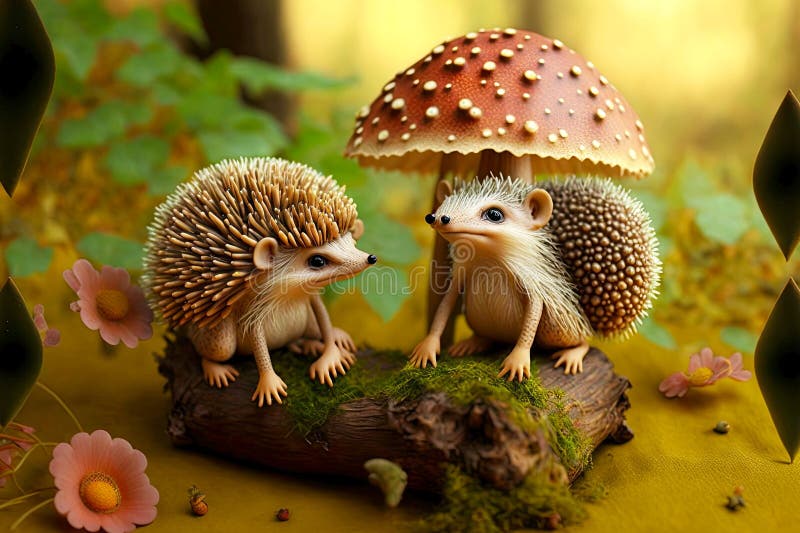 Two Cute Plasticine Hedgehogs Sit on Log Under Mushroom Stock Photo