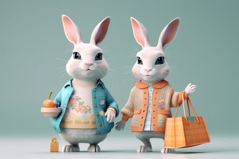 Two Cute Rabbits in Clothes Go Shopping. Easter Bunnies Stock ...