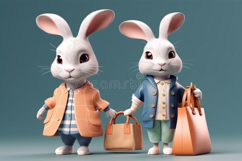 Two Cute Rabbits in Clothes Go Shopping. Easter Bunnies Stock ...