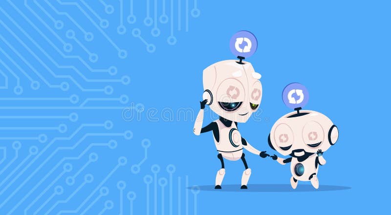 Two Cute Robots Sleeping Updating System Programming Software Over Circuit Background royalty free illustration