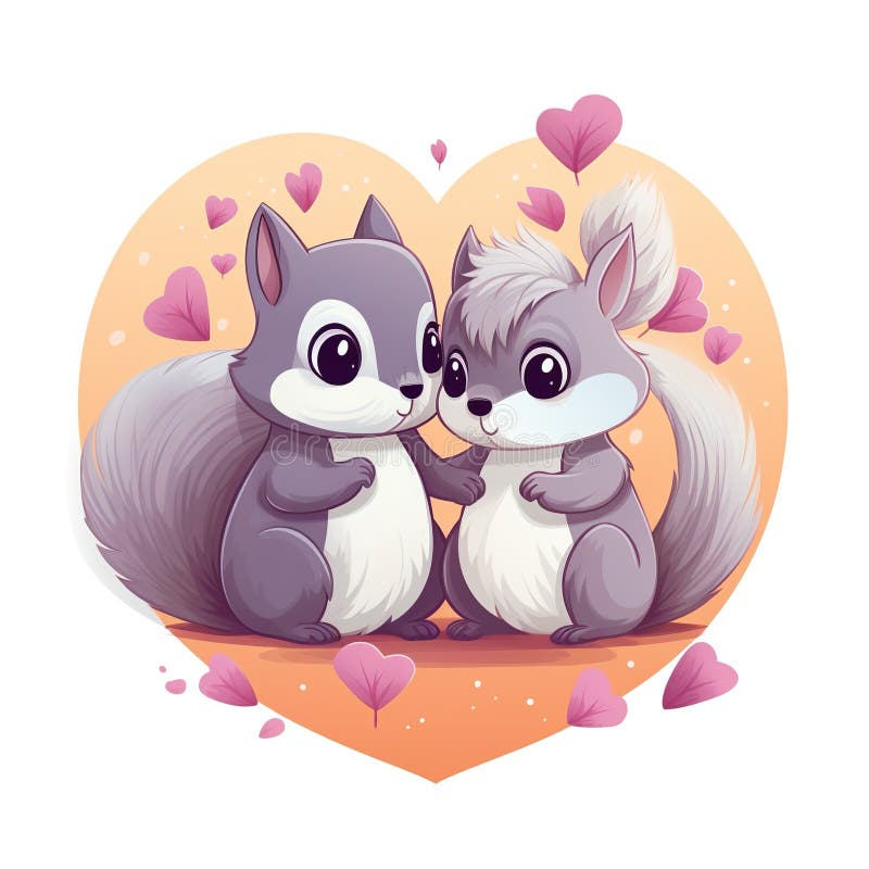 Two Cute Squirrels in Love on a Background of Hearts. Vector