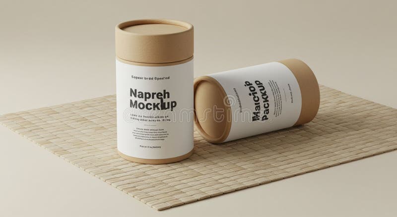 Two cylindrical cardboard containers with removable lids are placed on a woven stock illustration