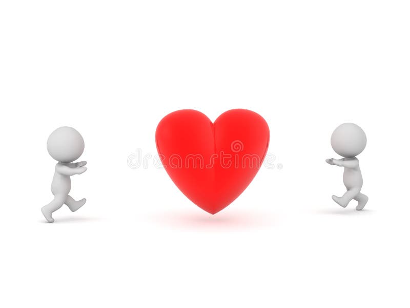 Two 3D Characters Running Toward a Red Heart Shape royalty free illustration