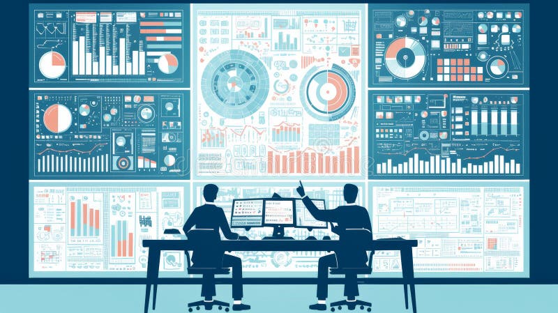 Data scientists analyzing business strategy with digital dashboards royalty free illustration