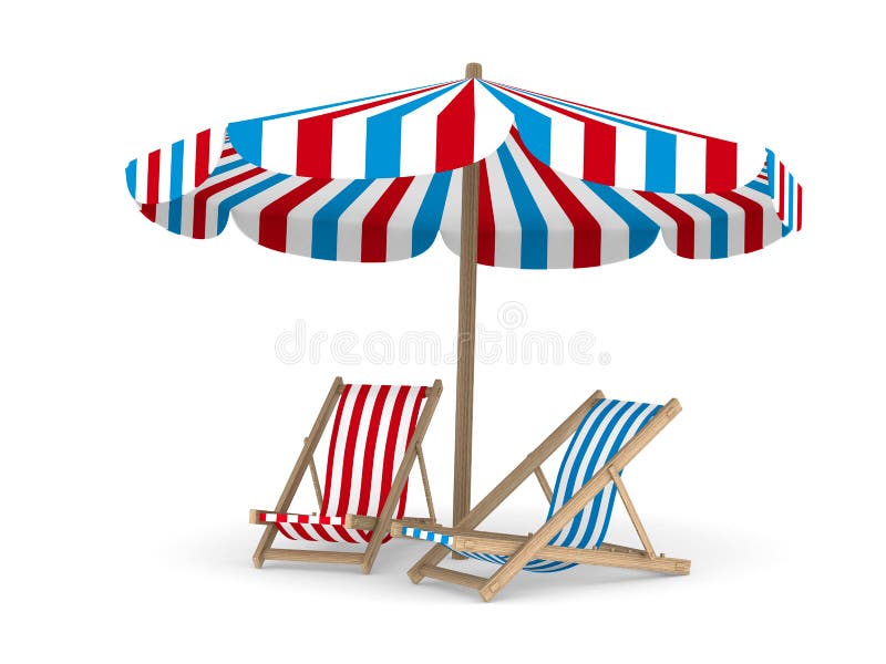 Two deckchair and parasol on white background