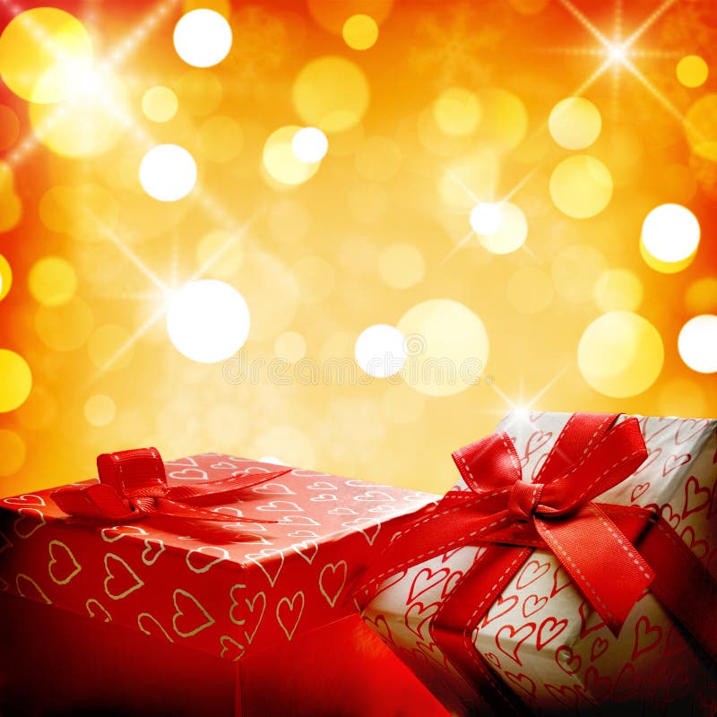 Two Decorative Gift Boxes with Hearts Printed Isolated Top Right Stock