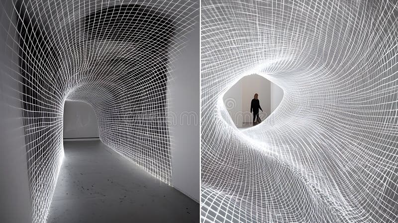 Two different views of a large, white room with a spiral design stock image