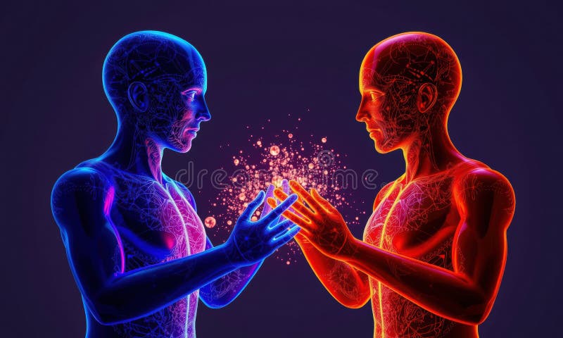 Two digital human figures in blue and red, connecting with energy stock images