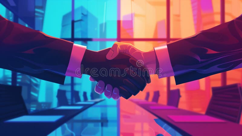 Two diverse hands firmly shaking in a modern office. vector illustration