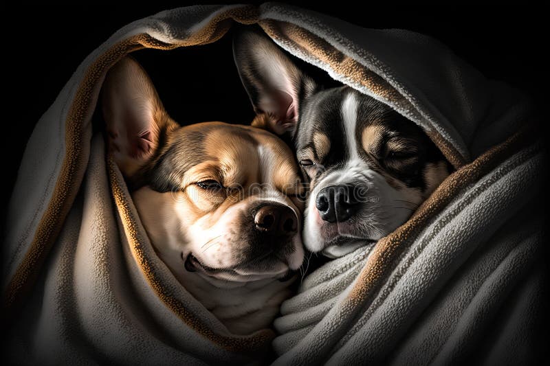 Two Dogs Sleeping Under a Blanket in the Studio. Black and White Photo