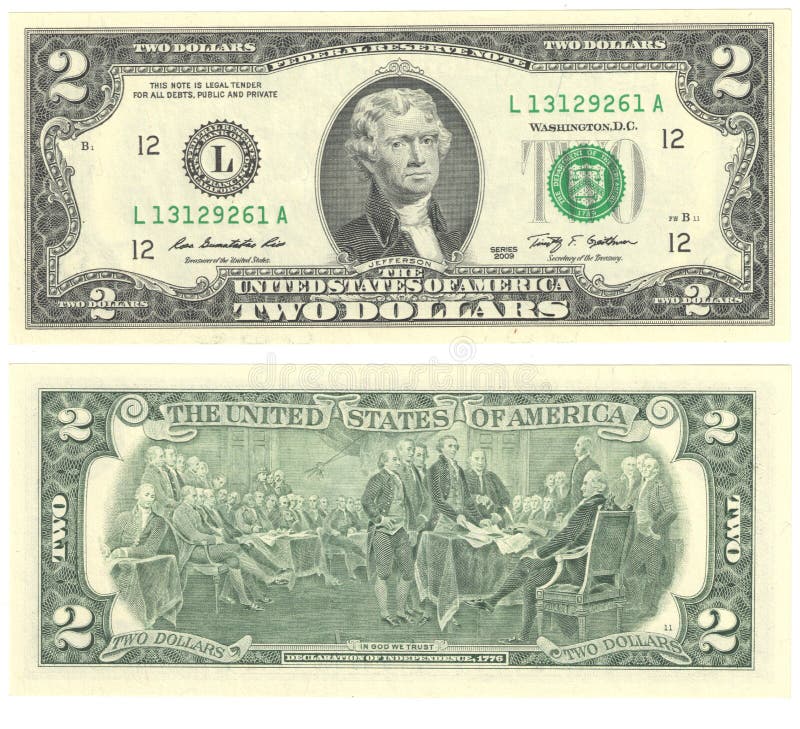 Two dollars money, USD USA American dollars banknotes
