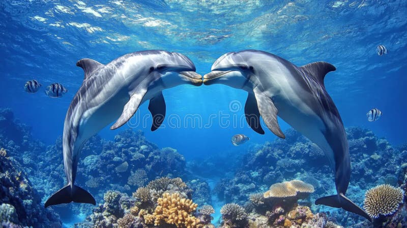 Two Pink Dolphins Swimming In A Colourful Underwater Scene With Coral - Foto 3