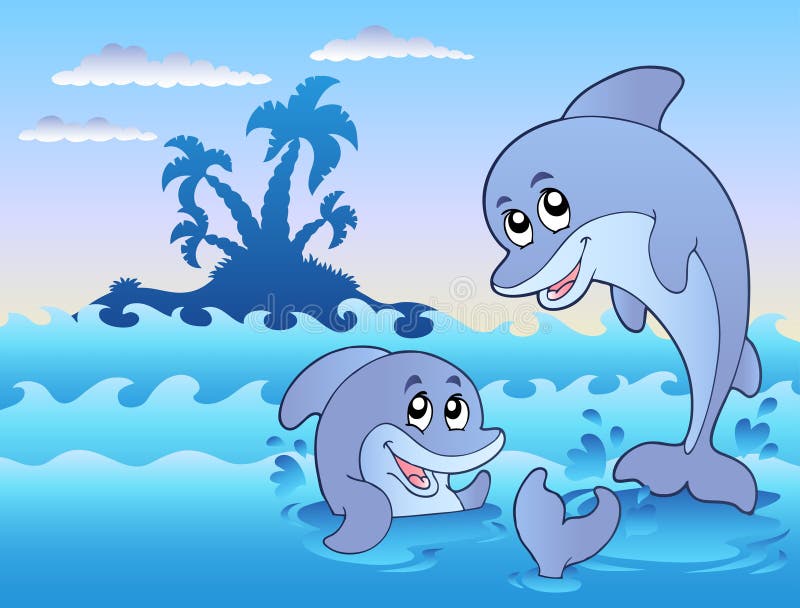 Two dolphins playing in waves stock illustration