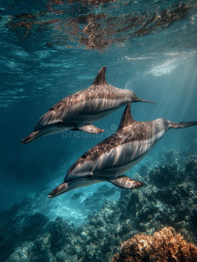 Two Pink Dolphins Swimming In A Colourful Underwater Scene With Coral - Foto 6