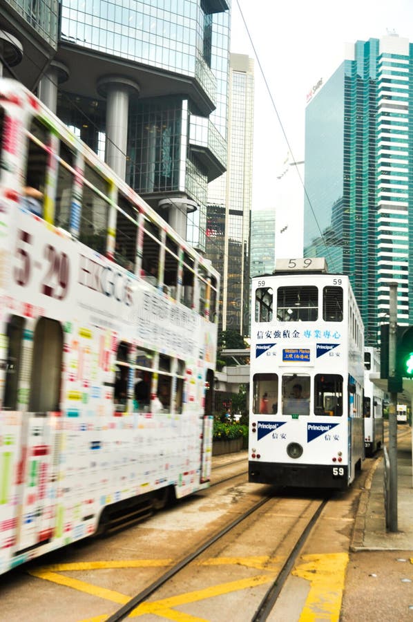 Two Double Decker Tram in Central Hong Kong Editorial Stock Image ...