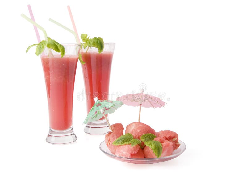 Two drink and watermelon with mint.