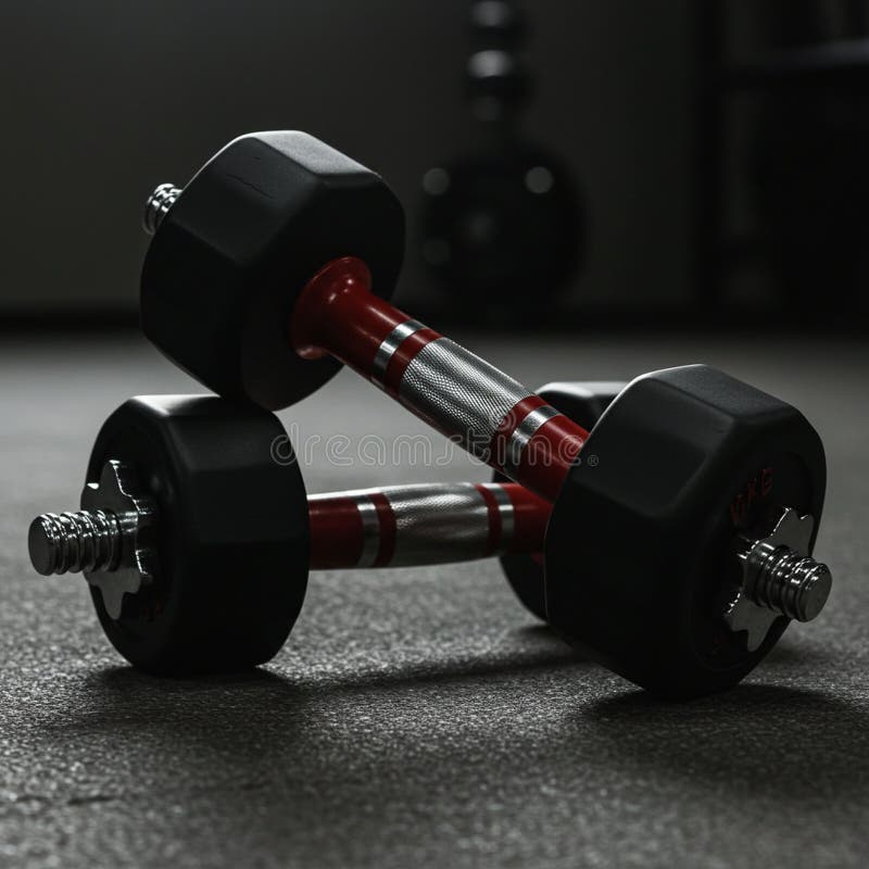 Two dumbbells with black hexagonal weights and red bars featuring silver textured grips stock illustration